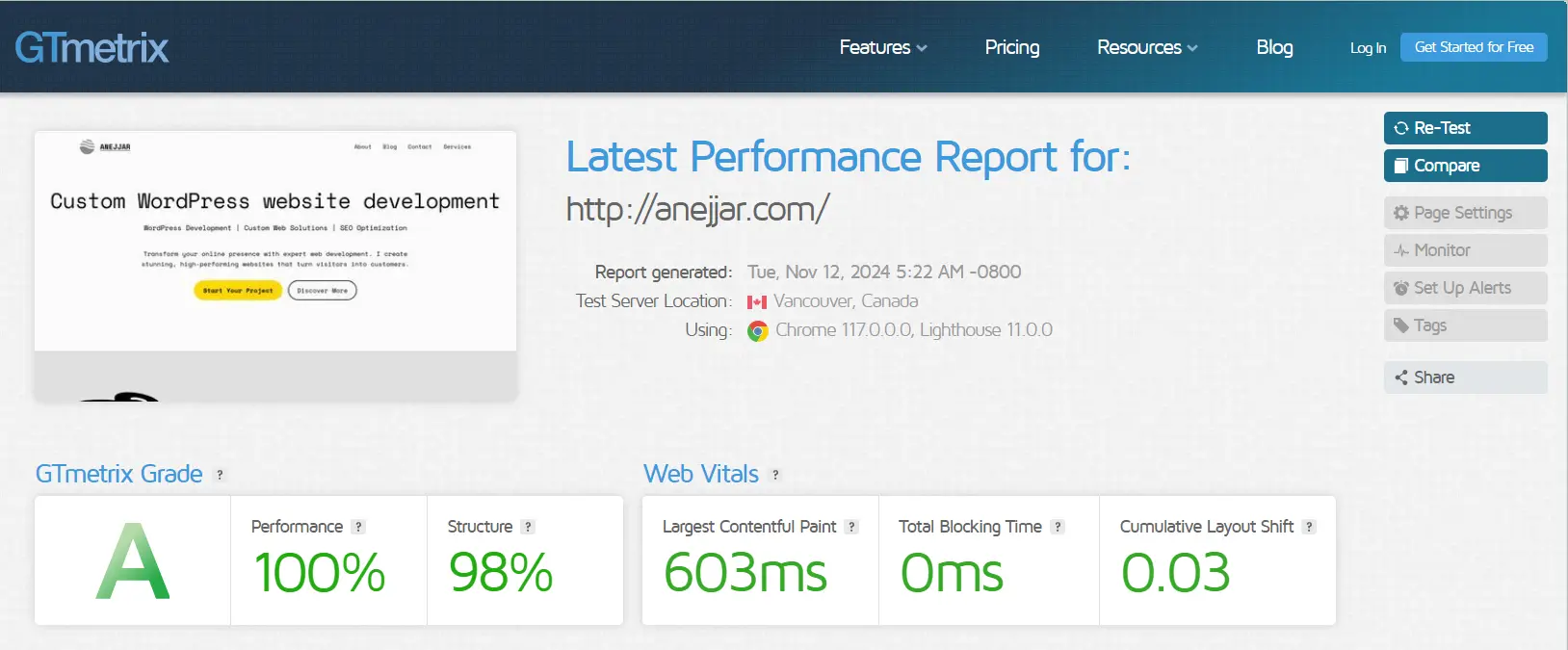 GTmetrix speed test results